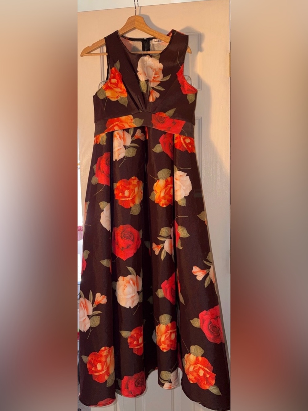 Floral Crop Top & Maxi Skirt Set Brown with Red & Orange Roses. XL